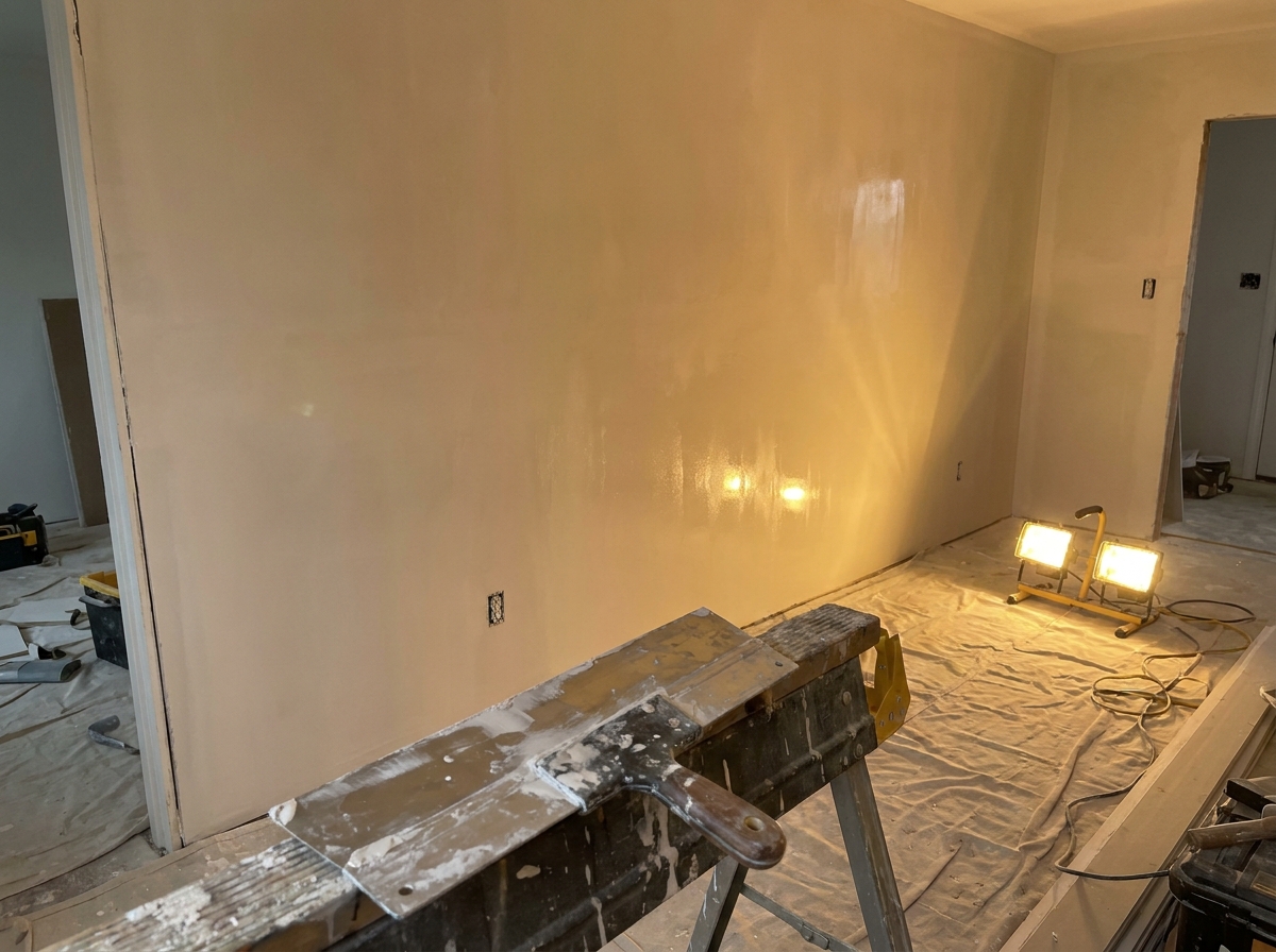 A freshly hung and taped drywall ceiling in an Edmonton basement, smooth finish ready for paint, work lights on, mid-project atmosphere