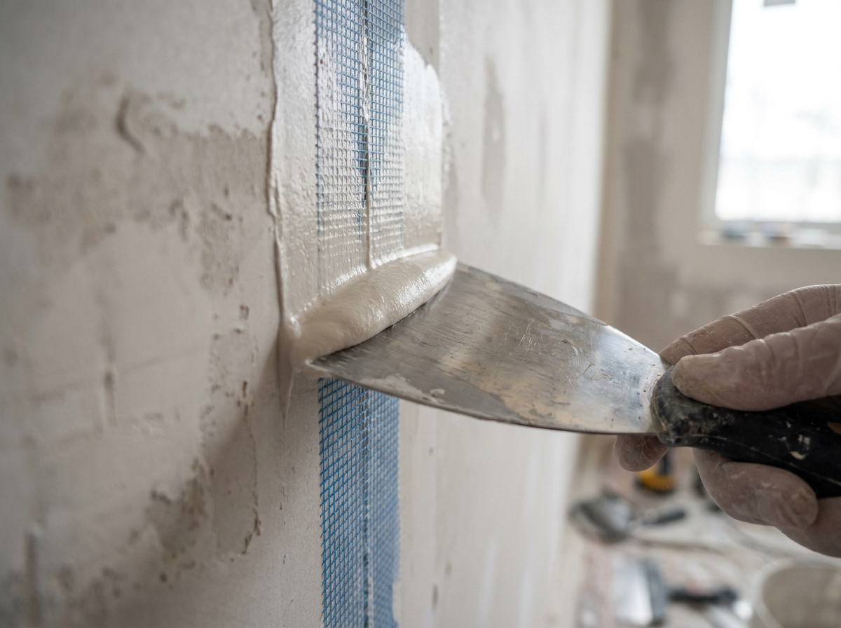 A close-up of a drywall taping knife spreading joint compound on a wall seam, Edmonton residential project, professional hand-tool work
