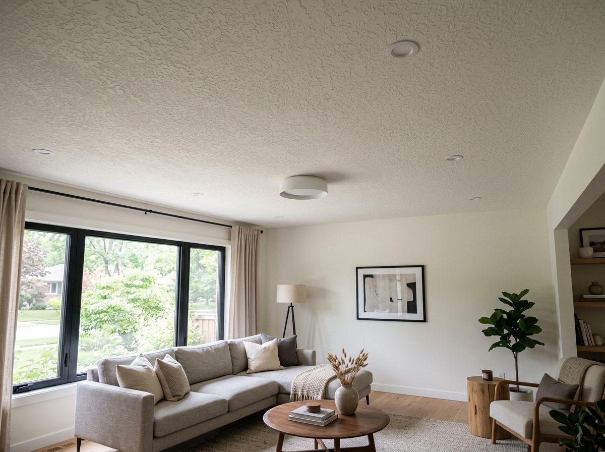 A knockdown texture ceiling in a Calgary-style Edmonton living room, modern flat-stamp pattern, even spray, completed work, soft natural light